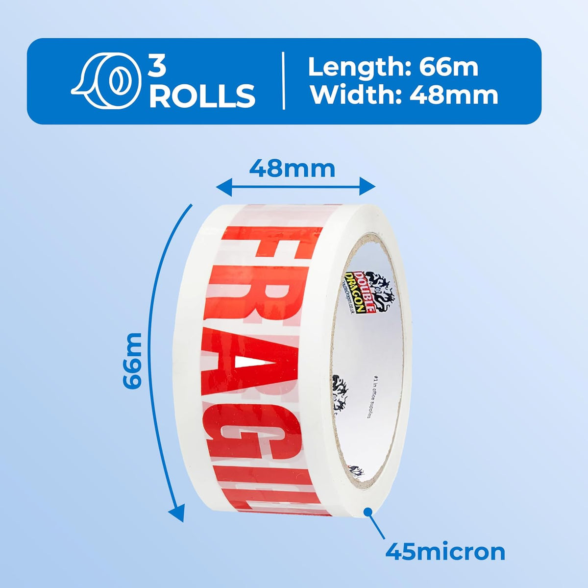 Double Dragon Extra Thick Fragile Printed Tape – 48mm wide, 66m long (Pack of 3) | Tear-Resistant, High-Tack & Long-Lasting | Ideal for Packing, Moving, Shipping, Labelling | Fits Dispensers etc
