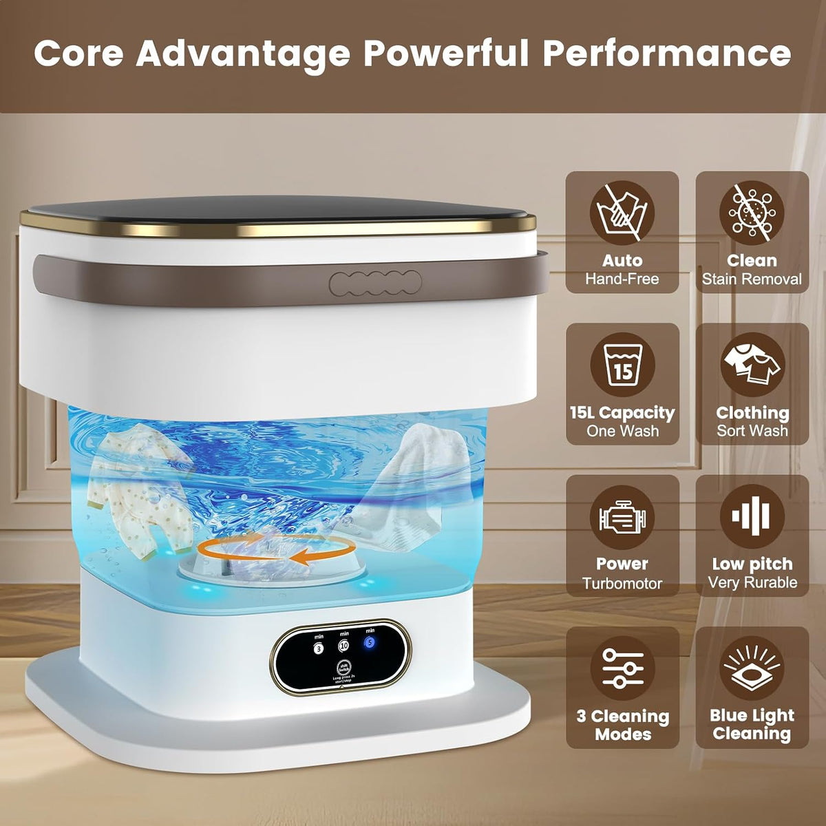 Mini Washing Machine, 15L Portable Washing Machine with Spin Dryer & 3 Cleaning Modes for Small Clothes, Foldable Portable Washer for Apartments, Dorms, Camping (Khaki)