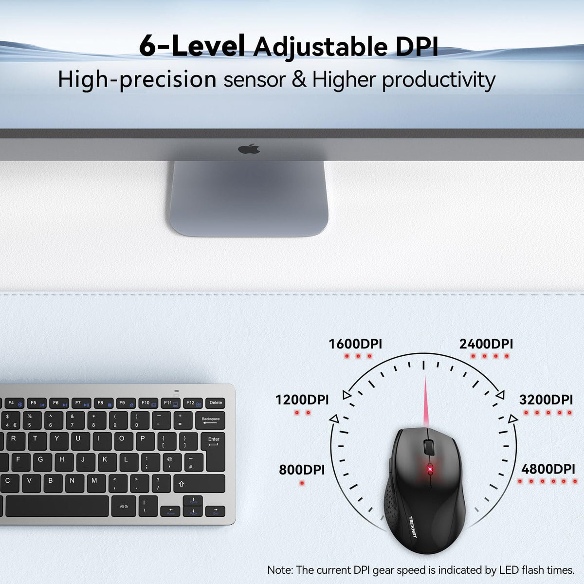 TECKNET Wireless Mouse for Laptop, 4800 DPI Optical Computer Mice with 6 Adjustable Levels, 30 Months Long Battery Life 2.4G Cordless USB Silent Mouse for Notebook, PC, Office Home Work -Grey