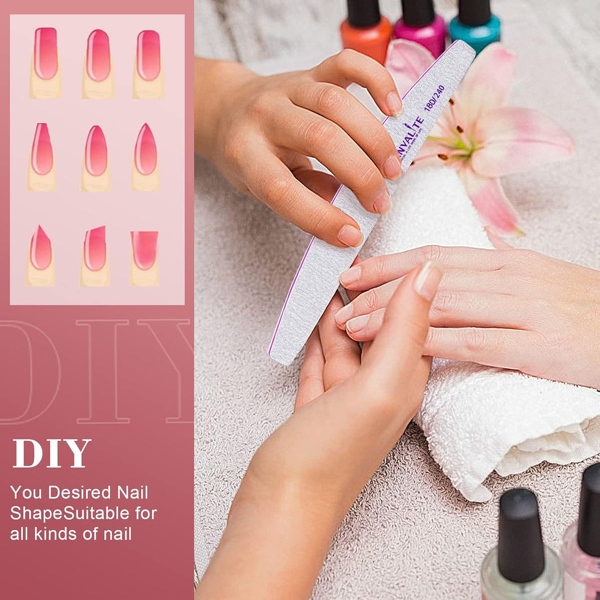 Professional Nail Files Double Sided Emery Board Nail Styling Tools Pet Grooming Tools for Home and Salon Use (Half Moon 180/240, 12pcs)