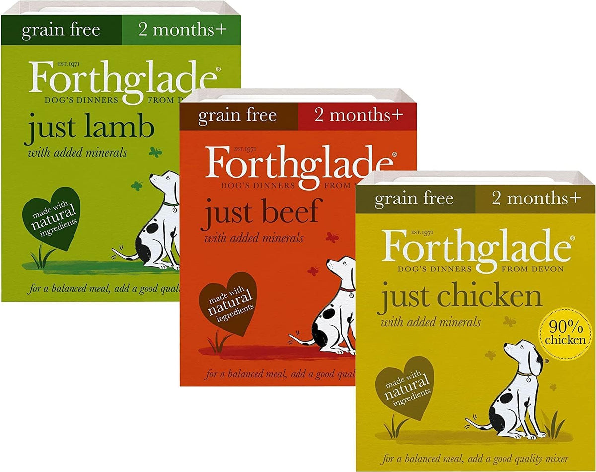 Forthglade Complementary Wet Dog Food (12 x 395g Trays) - Grain Free & Hypoallergenic Dog Food, Just Chicken, Chicken with Liver & Turkey, 90% Protein Stomach Sensitive with Natural Ingredients