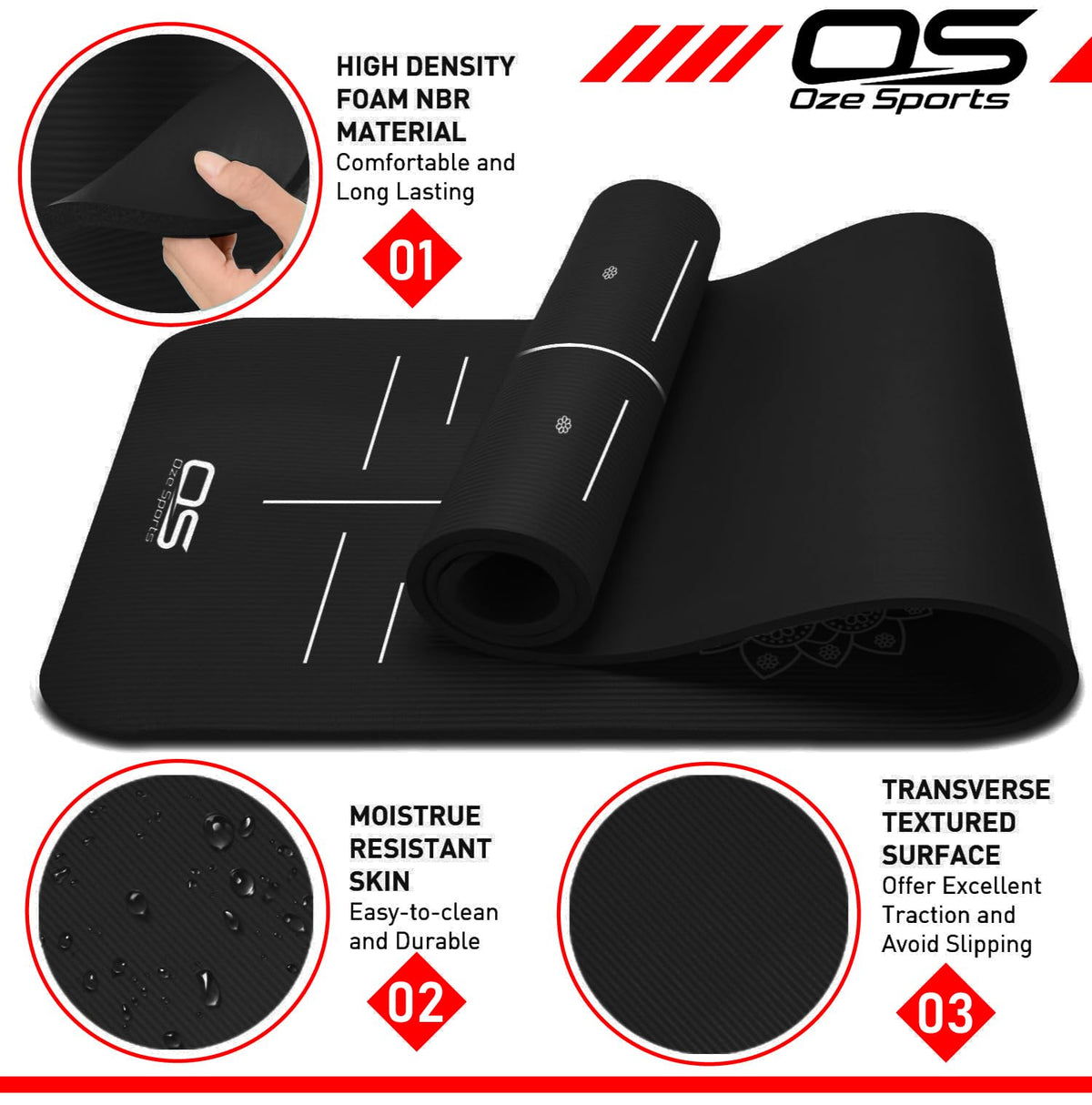 OZE SPORTS Yoga Mat, NBR Foam, Extra Thick, Non-Slip, High Density, Large, for Pilates, Gymnastics, HiiT and Fitness, with Free Carry Strap