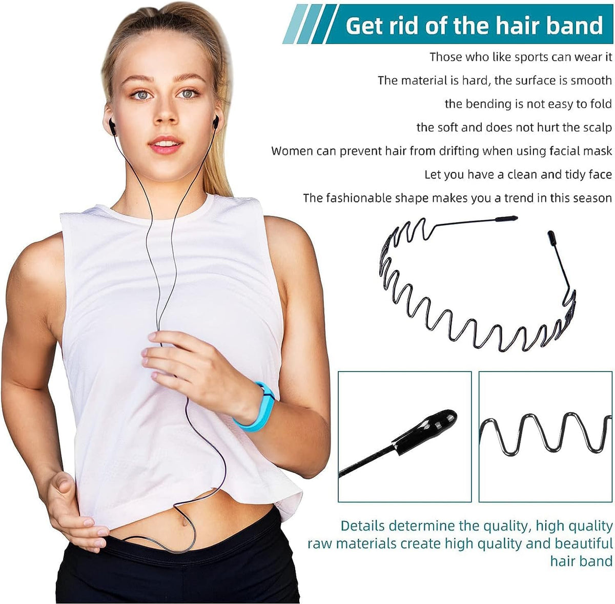 3PCS Metal Hair Bands for Men Non-Slip Black