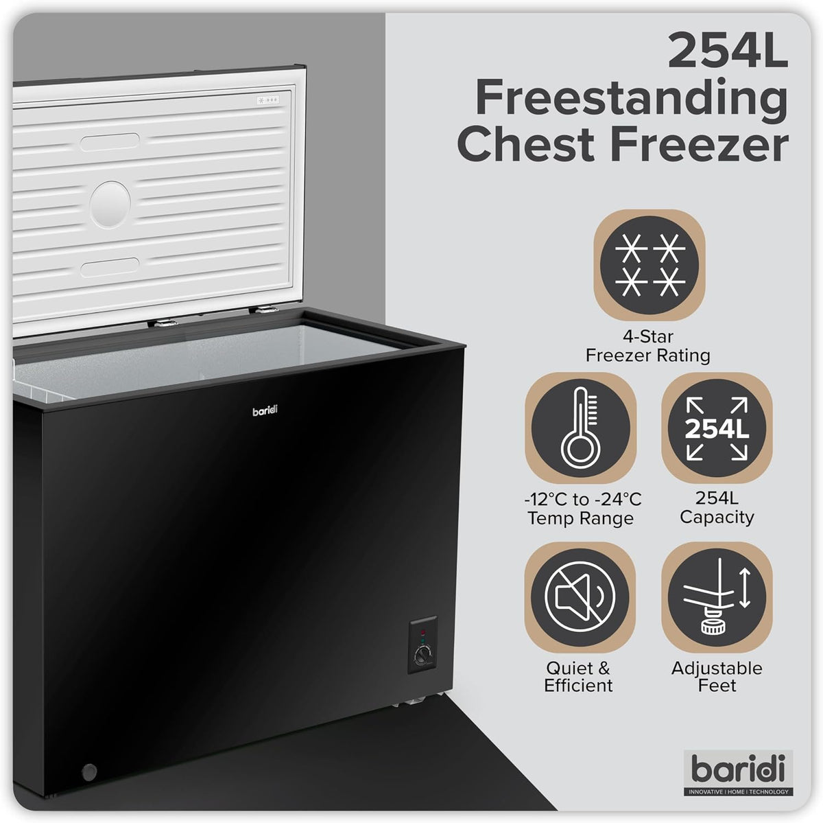 Baridi 299L Freestanding Chest Freezer with Adjustable Thermostat, Black - DH261