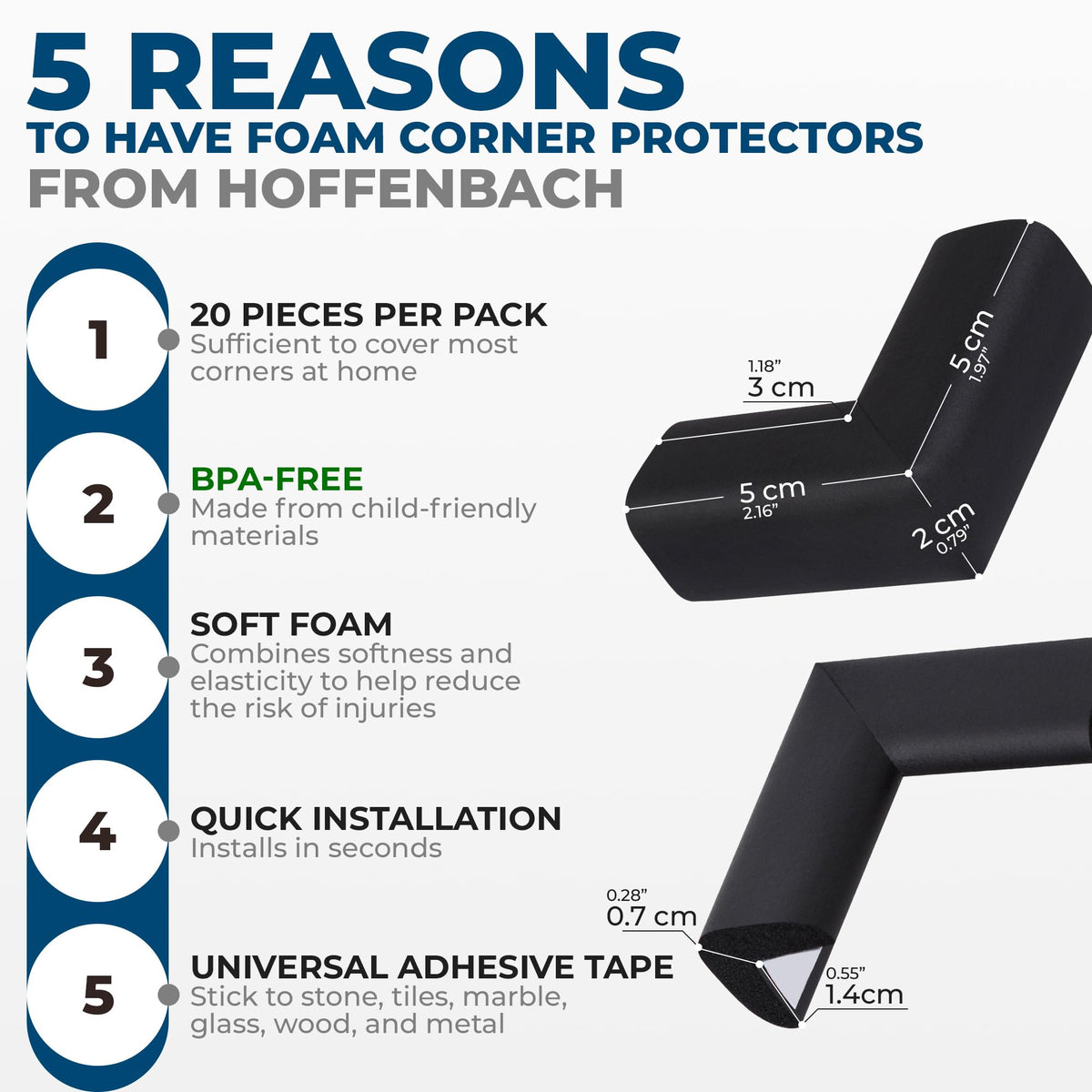 Hoffenbach 12x Baby Corner Protectors – Soft Foam Edge Guard for Kids – Self-Adhesive Bumpers for Child Safety, Furniture, Desks, Tables – Safe & Durable – Black