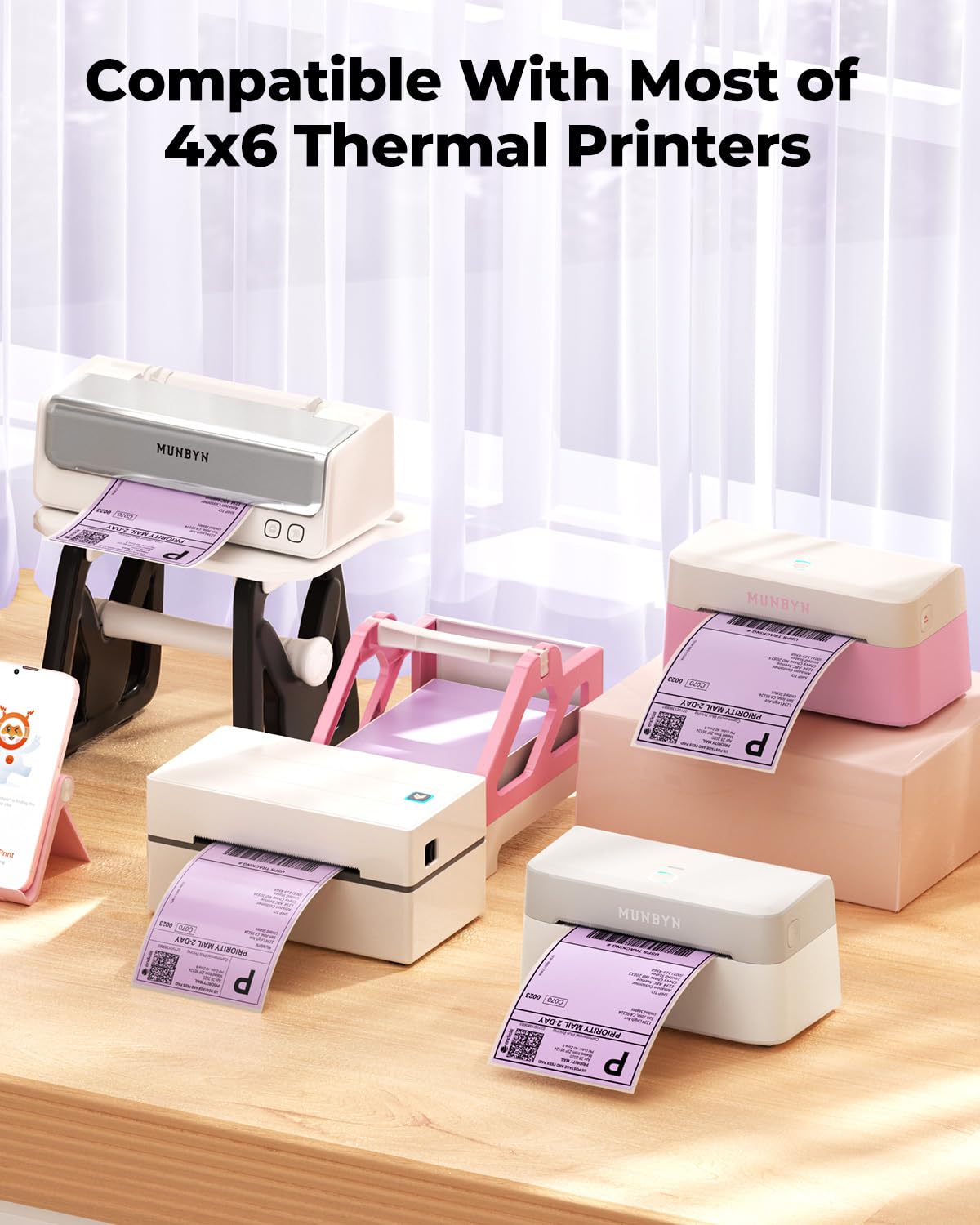 MUNBYN 4x6 Direct Thermal Labels, Fanfold Shipping Label Paper for Thermal Printer, Pack of 1000 Permanent Adhesive Labels for Shipping Packages