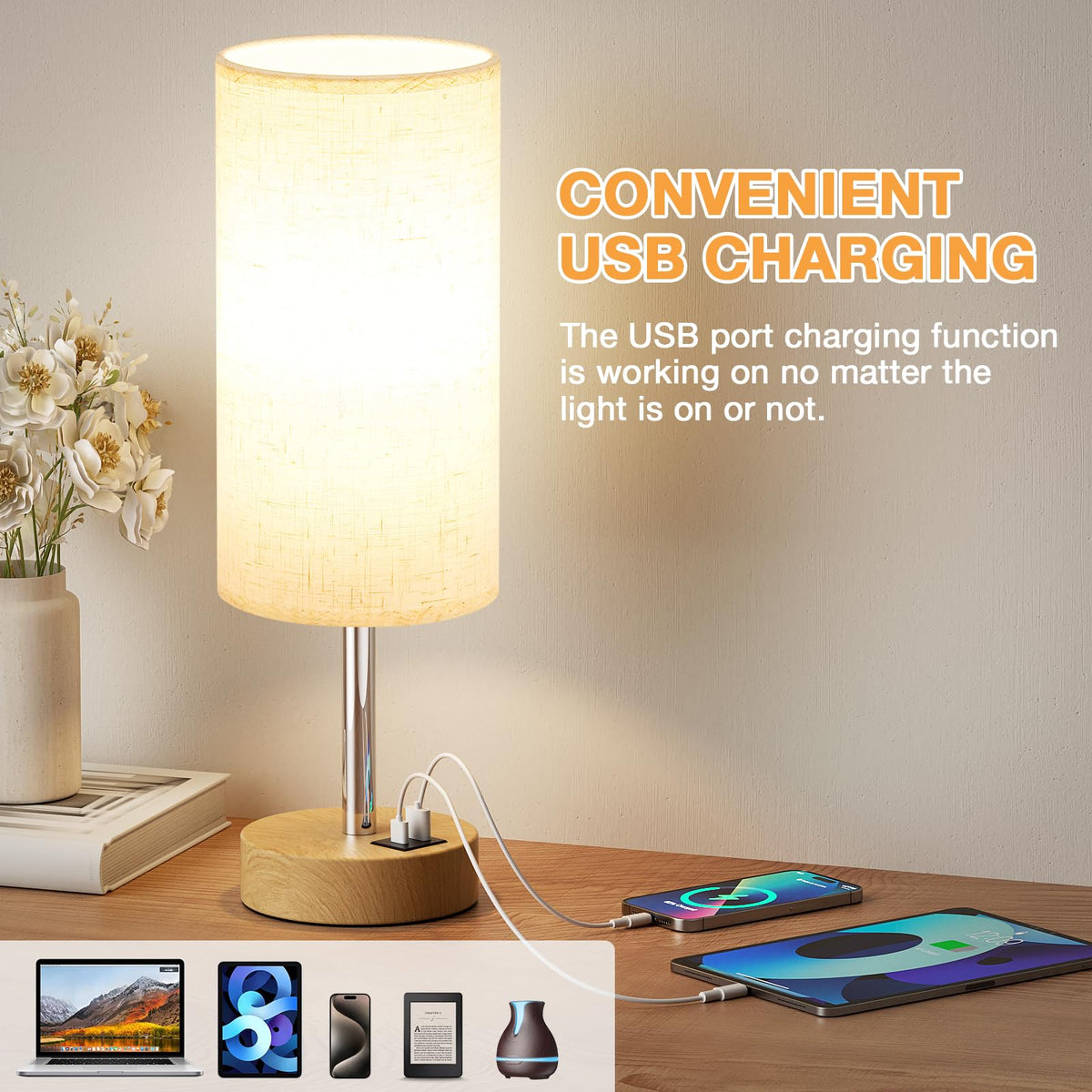 Aooshine Grey Table Lamp, 3-Way Dimmable, USB A + C Charging