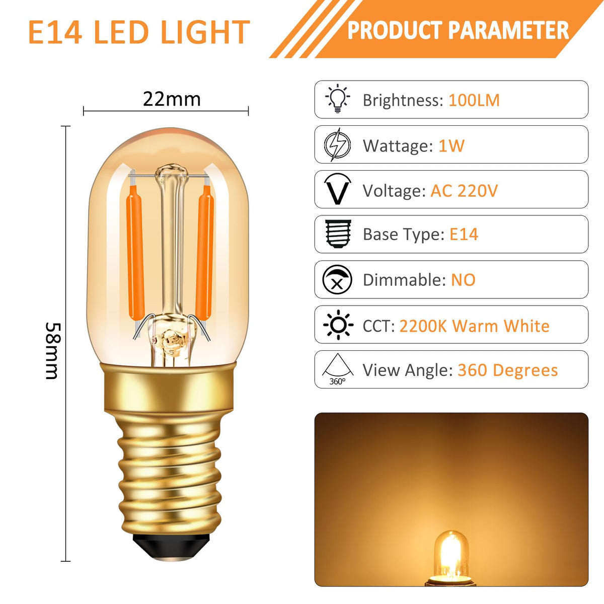 Caldarax 0.5W E14 LED Vintage Night Light Bulb, Mini C7 LED Filament Candle Bulbs Amber Warm White 2200K E14 Orange SES Small Edison Screw Salt Lamp Bulbs, 5W Equivalent, Non Dimmable, 2 Pack