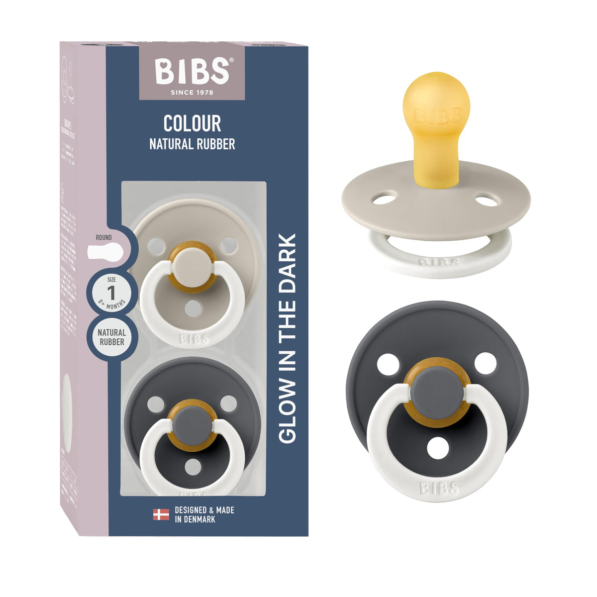 BIBS Colour Soother 2-Pack, BPA Free Dummy Pacifier, Round Nipple. Natural Rubber Latex, Made in Denmark, Size 2 (6-18 Months), Baby Blue