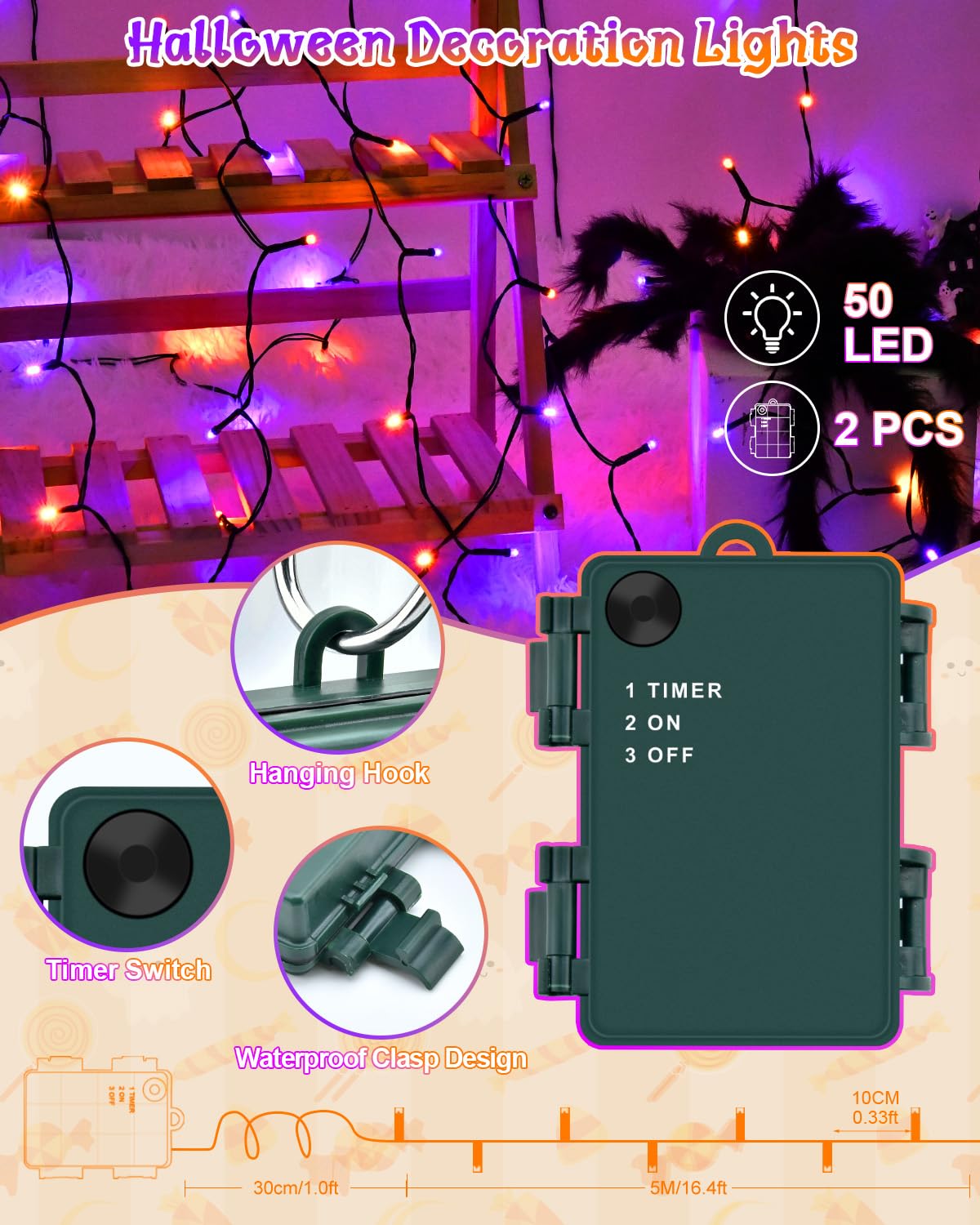 Dalugo Halloween Decoration Lights, 5M 50 LED Orange Purple White Fairy Lights with Timer, IP65 Waterproof Battery Powered Lights for Indoor Outdoor Autumn Halloween Decorations(Green Wire)