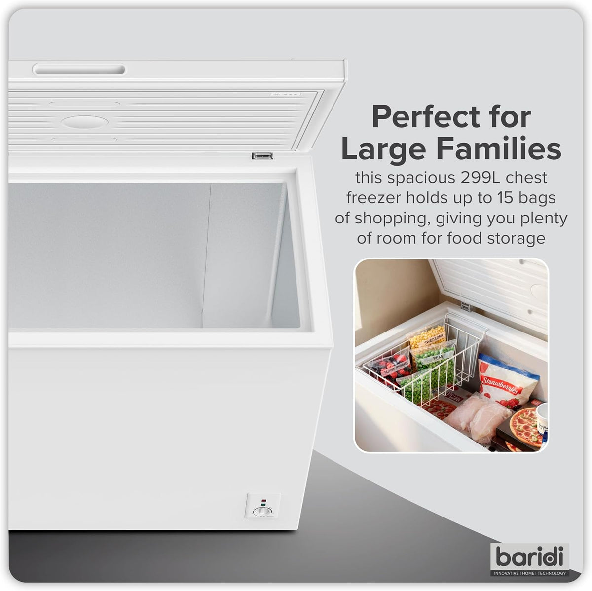Baridi 299L Freestanding Chest Freezer with Adjustable Thermostat, Black - DH261