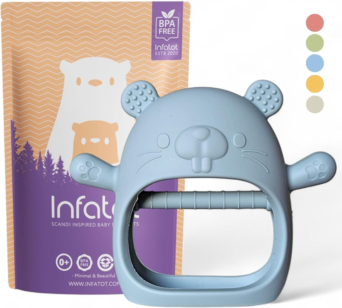 Infatot® Teething Toys for Baby Gifts – Chipmunk Silicone Mitten Teether, Soothing Glove for Infants, Baby Toys 0-6 Months, Soft Chewable Teether Toy to Prevent Finger Sucking, CM Blue.