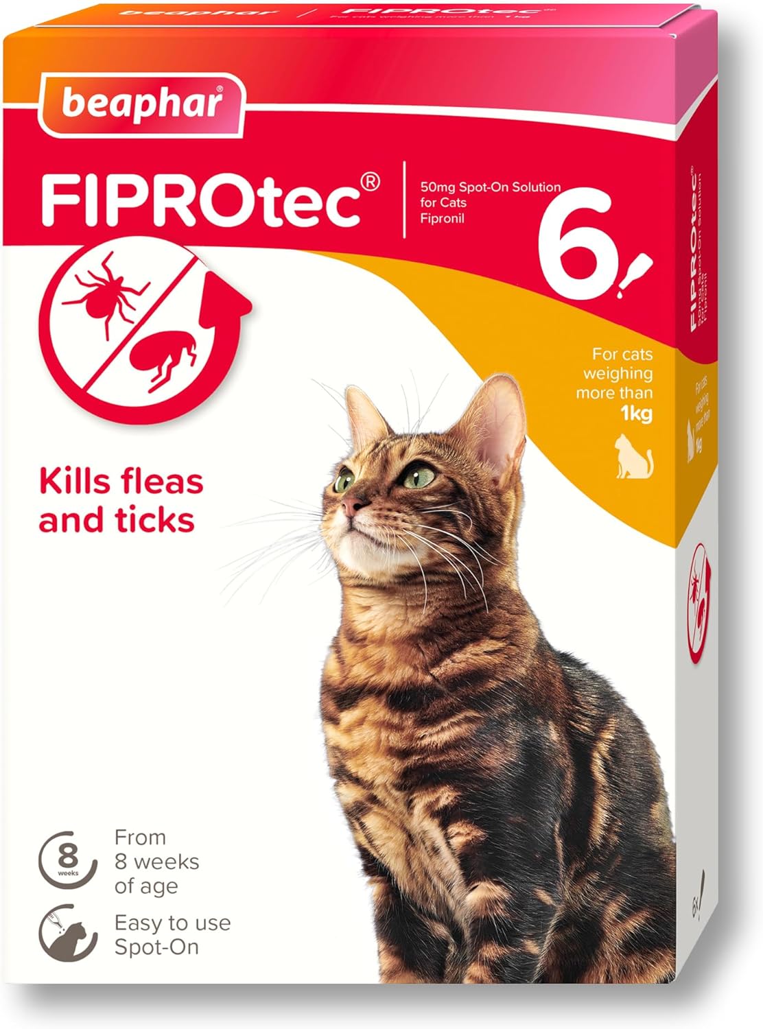 Beaphar - FIPROtec Spot-On Flea & Tick Treatment for Cats - 6 Pipettes - Kills Fleas & Ticks - Veterinary Medicine – Easy to Apply Monthly - For Cats & Kittens from 8 Weeks Old, Weighing Over 1kg
