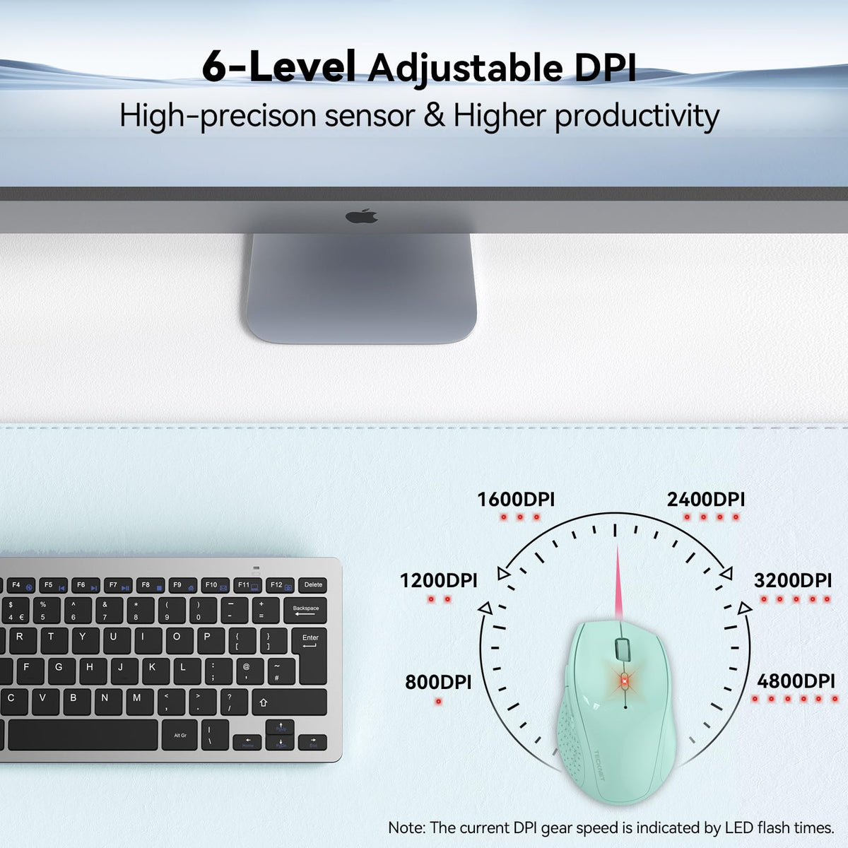 TECKNET Wireless Mouse for Laptop, 4800 DPI Optical Computer Mice with 6 Adjustable Levels, 30 Months Long Battery Life 2.4G Cordless USB Silent Mouse for Notebook, PC, Office Home Work -Grey