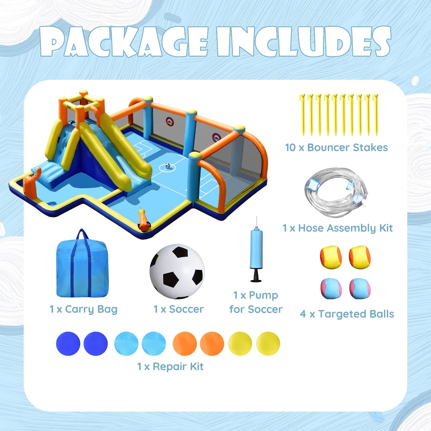 COSTWAY 5-in-1 Inflatable Water Park with Slide, Bouncy Castle, Football Field & Pool — Ages 3-12