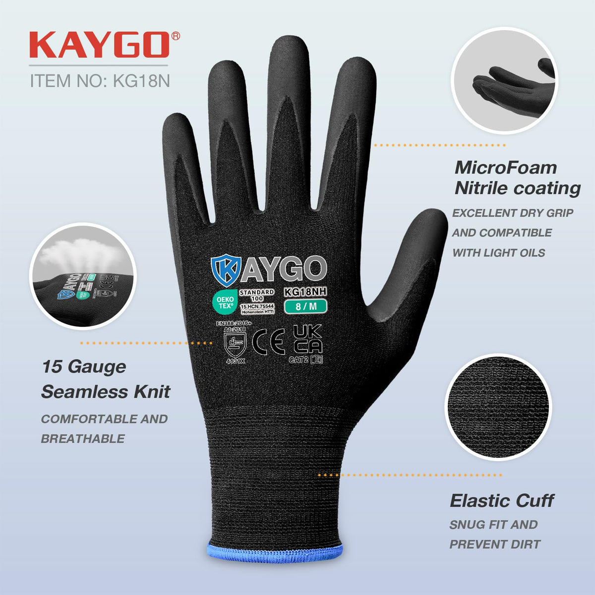 KAYGO Safety Work Gloves MicroFoam Nitrile Coated 12 Pairs, KG18NB