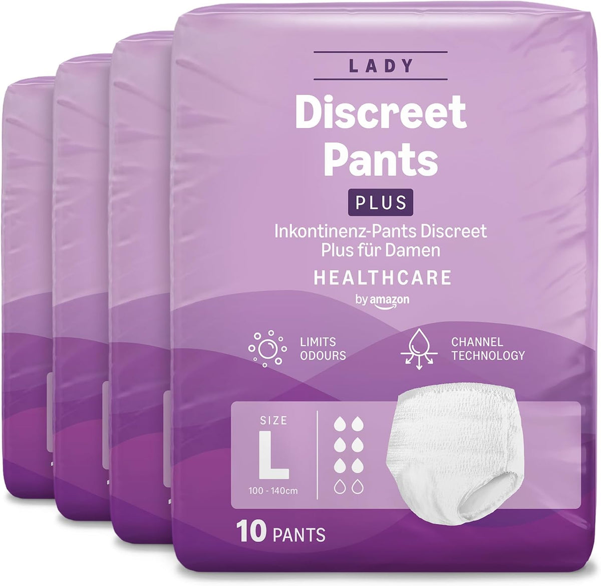 Healthcare by Amazon Discreet Incontinence Lady Pants, Plus Absorbency, Large, 40 Count (4 Packs of 10), White, (Previously Amazon Basic Care) - Packaging May Vary