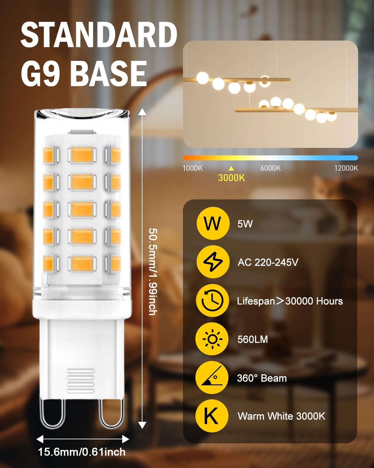 tuare G9 LED Bulbs Dimmable, 3000K G9 LED Bulbs Warm White Dimmable, 5W 560LM G9 LED, Energy Saving G9 LED Bulb Equivalent to 40W Halogen Bulb, No Flicker AC 220-240V for Chandelier, 6 Counts