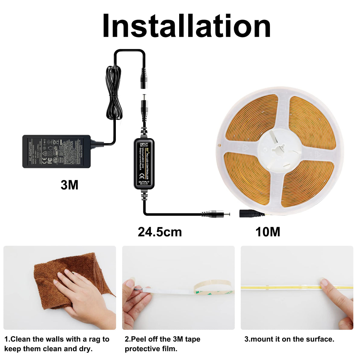 COB LED Strip 3m, 24V, Dimmable, Remote, Warm White, 2700K