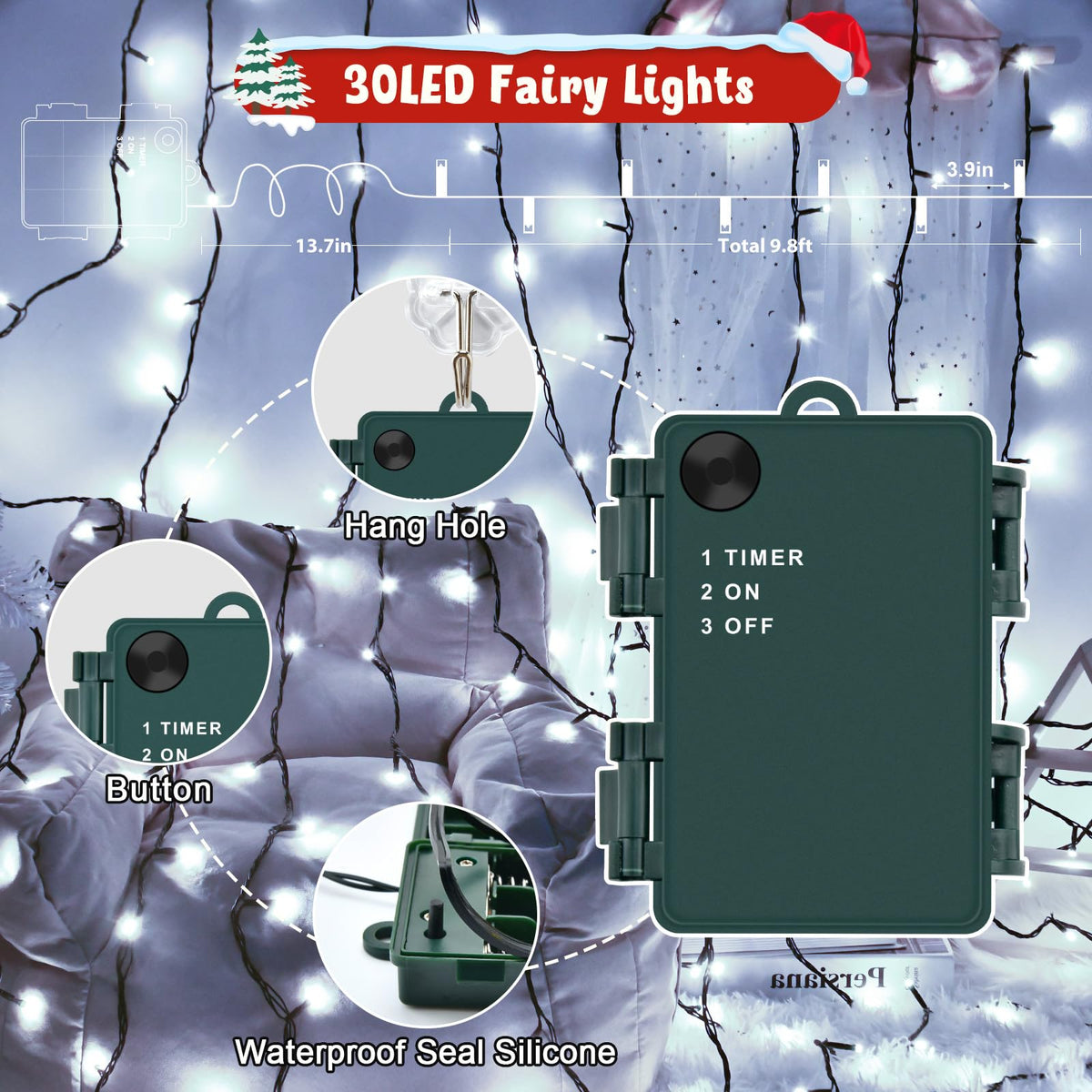 Gcstnn Battery Fairy Lights, 3M/9.8Ft 30LED Battery Powered Fairy Lights Indoor Outdoor with 6h Timer Waterproof String Lights On Green Cable,for Bedroom Christmas Tree Decorations,Garden-Cool White