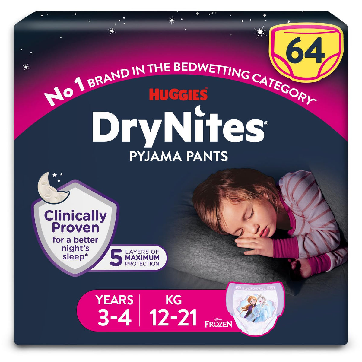 HUGGIES DryNites Pyjama Pants, Girl's 4-7 Years (17-30KG), 30 x Bedwetting Pants, Up to 100% Leak Free Nights