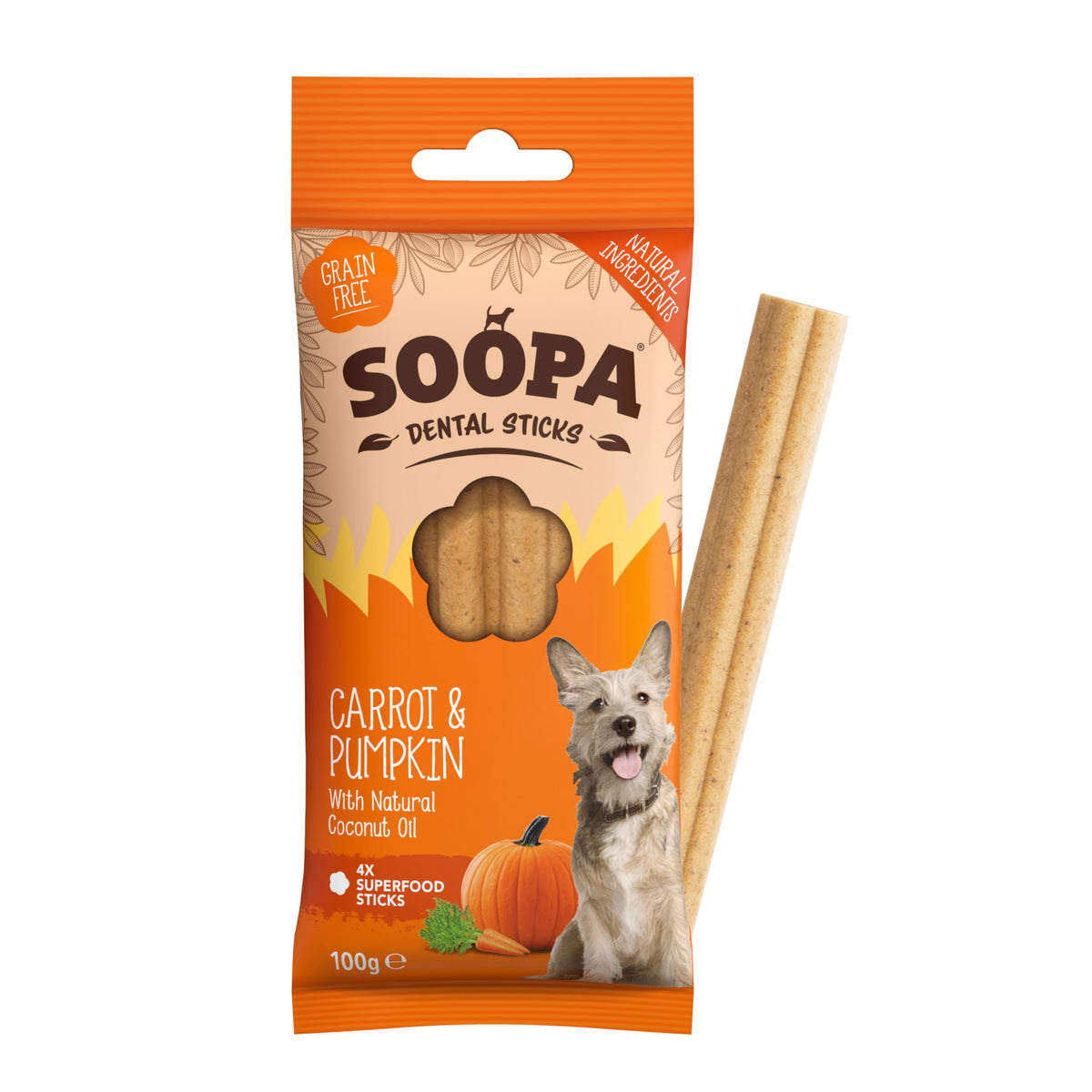 Soopa Carrot & Pumpkin Dog Dental Sticks, Chews to Clean Teeth, 100 g, 1-Pk