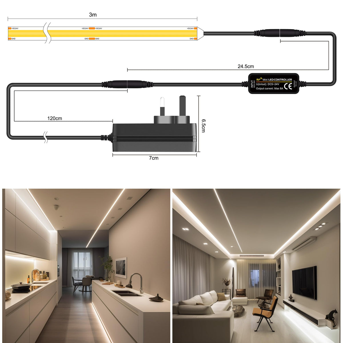 TTWAY COB LED Strip Lights 2700K, Dimmable LED Strip Kit, Super Bright 24V LED Tape Lights CRI90+ with RF Remote and UKCA Power Supply for DIY Home Decoration, 5M, 2400LEDs, Warm White.