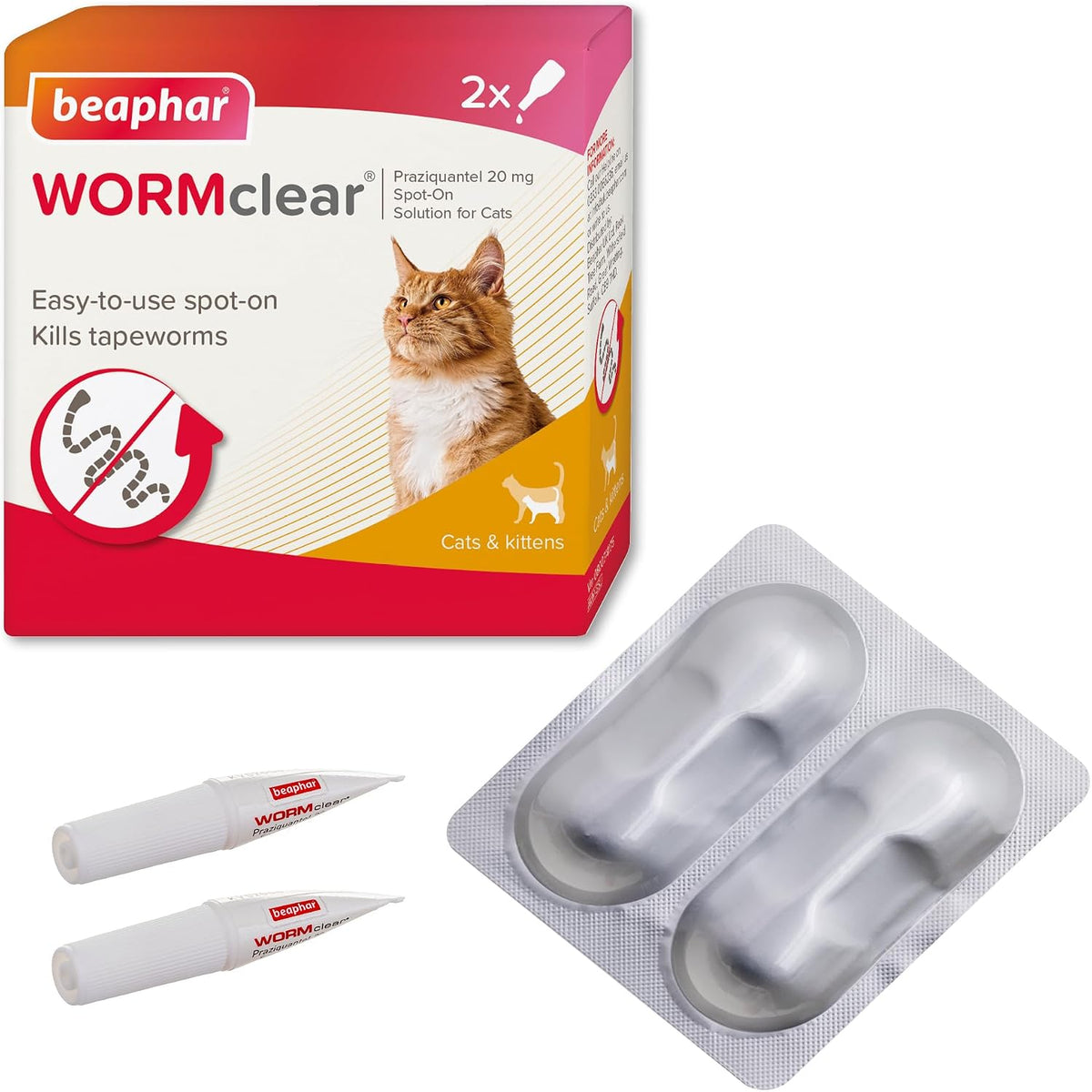 Beaphar - WORMclear® Spot-On for Cats – 2 Pipettes - Kills Tapeworms - Vet Strength Medicinal Worming Treatment - Easy-To-Use Spot-On Wormer - Suitable for Cats & Kittens Weighing More than 1kg