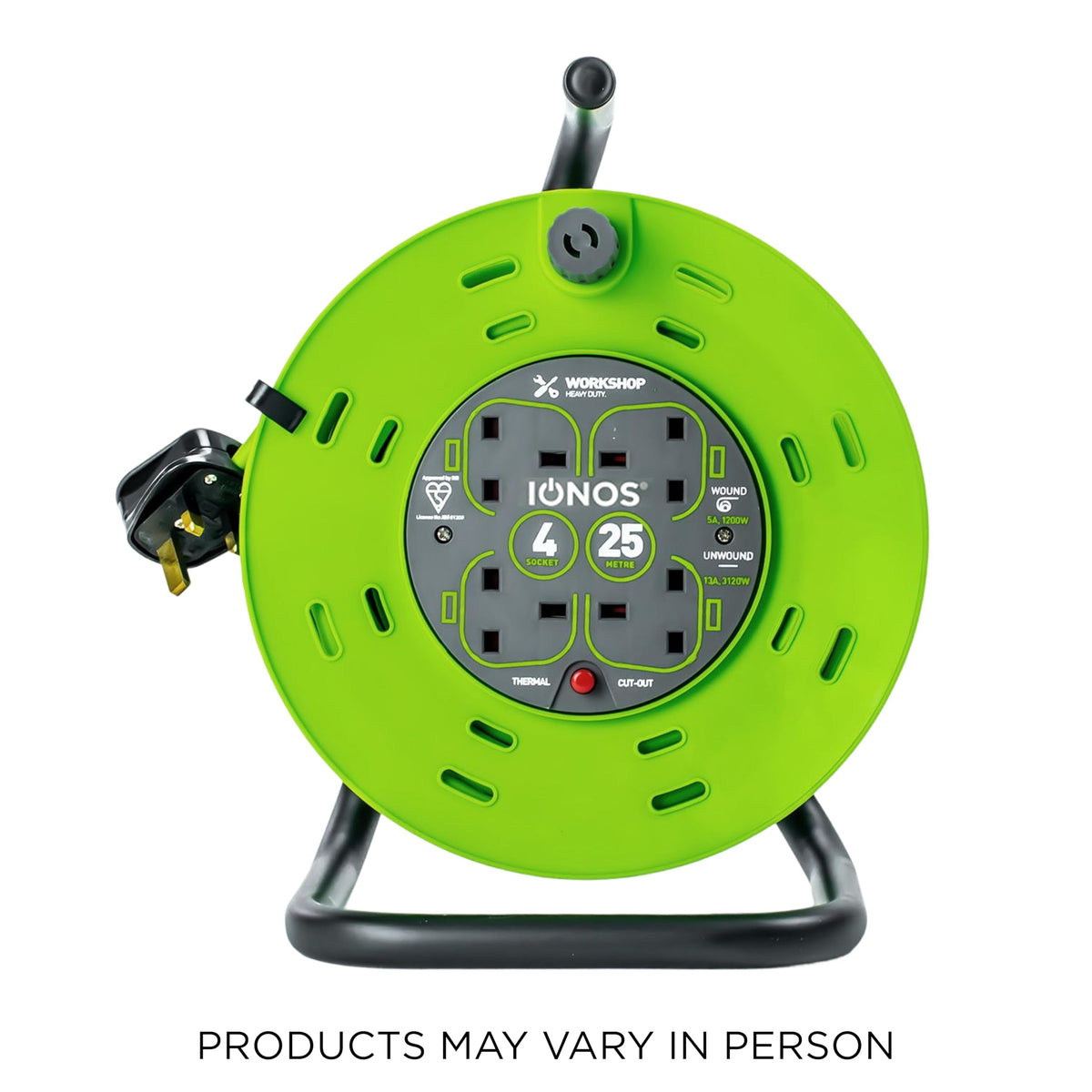 IONOS 2 Socket Cable Reel, 10m Outdoor Garden Extension Lead, DIY