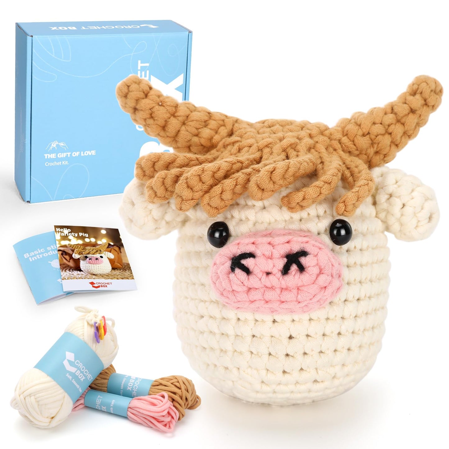 CROCHET BOX Complete Crochet Kit for Beginners - Highland Cow Crochet Kit, Include Video Tutorial, Instruction, Soft Yarn, Birthday Gift for Adults.