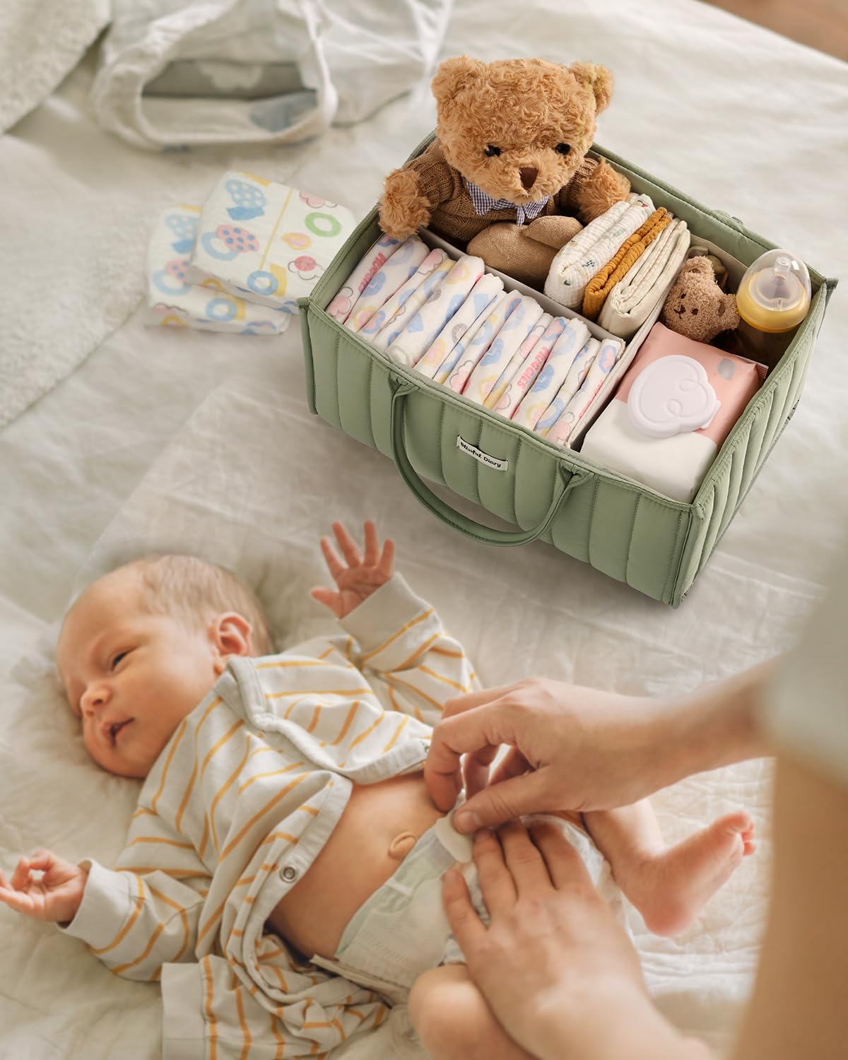 Blissful Diary Nappy Caddy Organiser, Baby Diaper Caddy for Nappy Station, Stylish Storage Basket for Newborn Essentials, Baby Shower Gifts for Girl or Boy, Woodland Cream