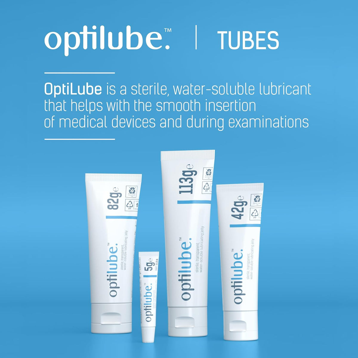 OptiLube Tubes - Sterile Lubricating Jelly for Insertion of Medical Devices in 5g, 42g, 82g, and 113g Tubes, Water Soluble Lubricant with Easy-to-Use Flip Cap (5g x 48)
