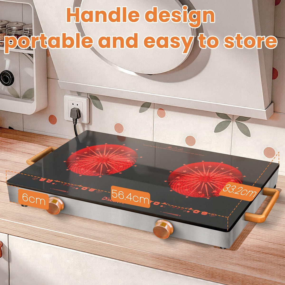 Double Ceramic Hob with Handle, Plug in 2 Ring Electric Hob