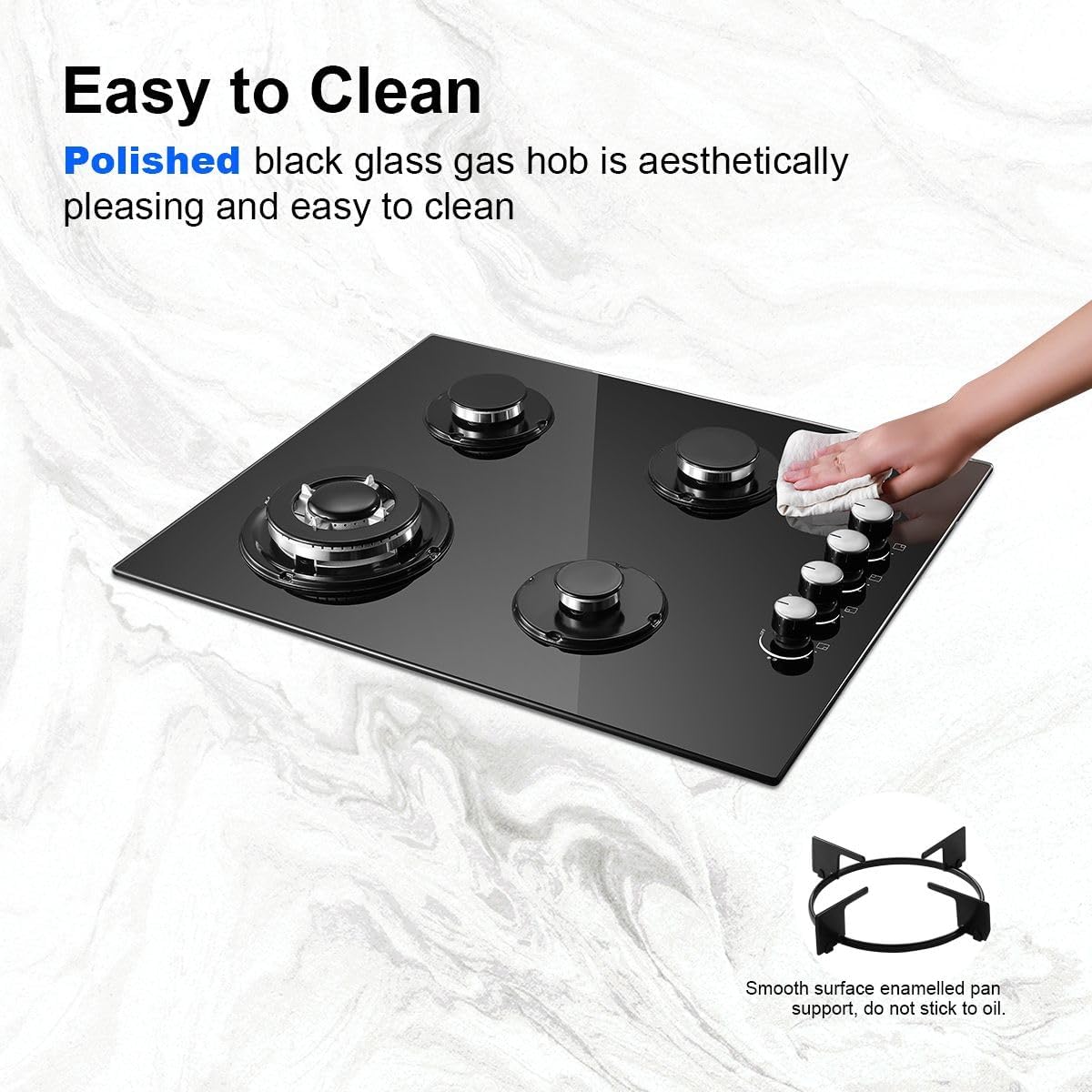 SNDOAS Gas Hob 4 Burners, NG/LPG Convertible, Built-in Black Glass Gas Hob with Wok Burner, Flame Failure Protection, 8000W, YYUKGCT-B04