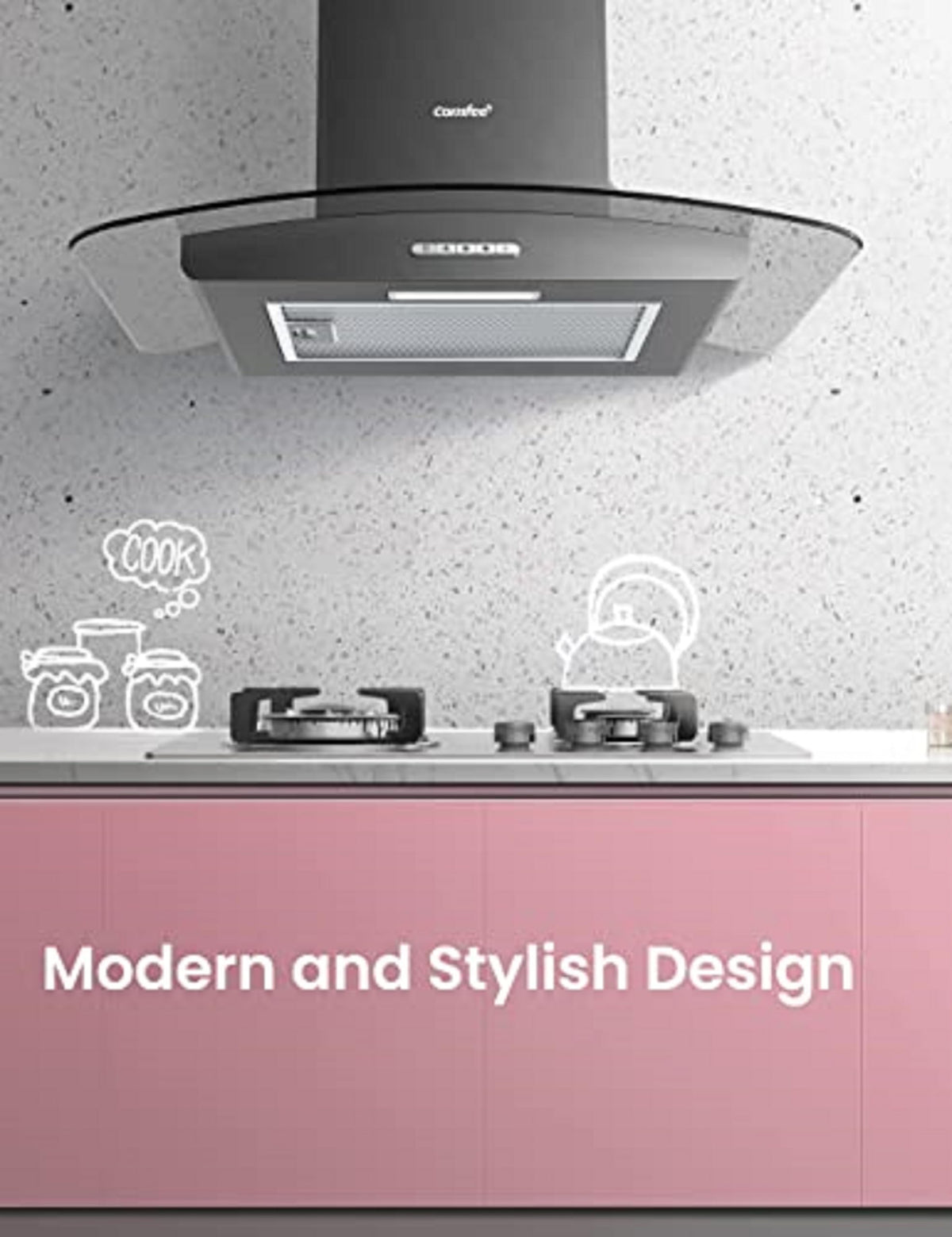 COMFEE' 60cm Cooker Hood, Glass Extractor Hood, Stainless Steel