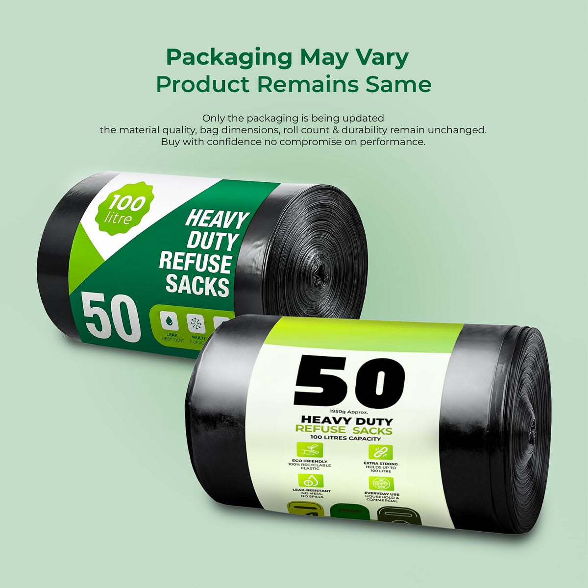 Roe Tenpo 100 Pack Heavy Duty Black Bin Bags – 100L, 33 μm Recyclable Refuse Sacks, Leak-Proof Bin Liners – Rubbish Bags for Kitchen, Home, DIY & Garden, Household, Office & Catering
