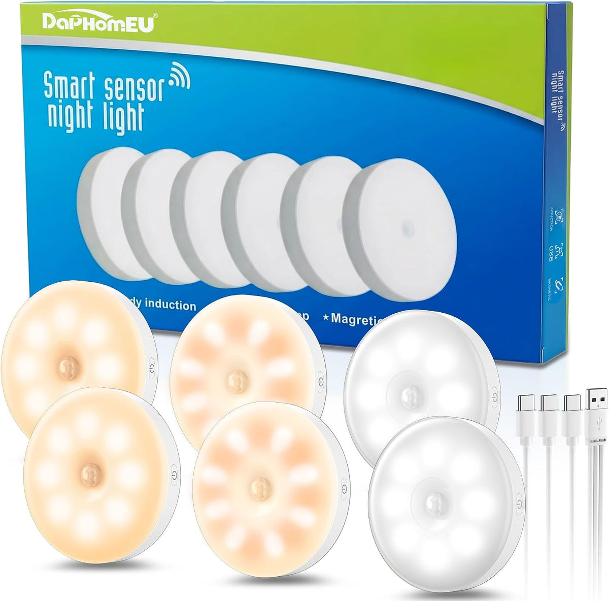 daphomeu 6 Pcs Motion Sensor Lights Indoor USB Rechargeable