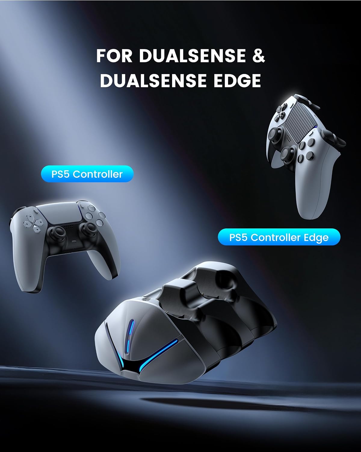 HELLCOOL PS5 Charging Charger for DualSense & Edge, Fast Charge 2 Controllers Simultaneously, Drop&Go No Alignment, LED Indicator with Touch Off, Smart Safety Protection, with 1m USB-C Cable