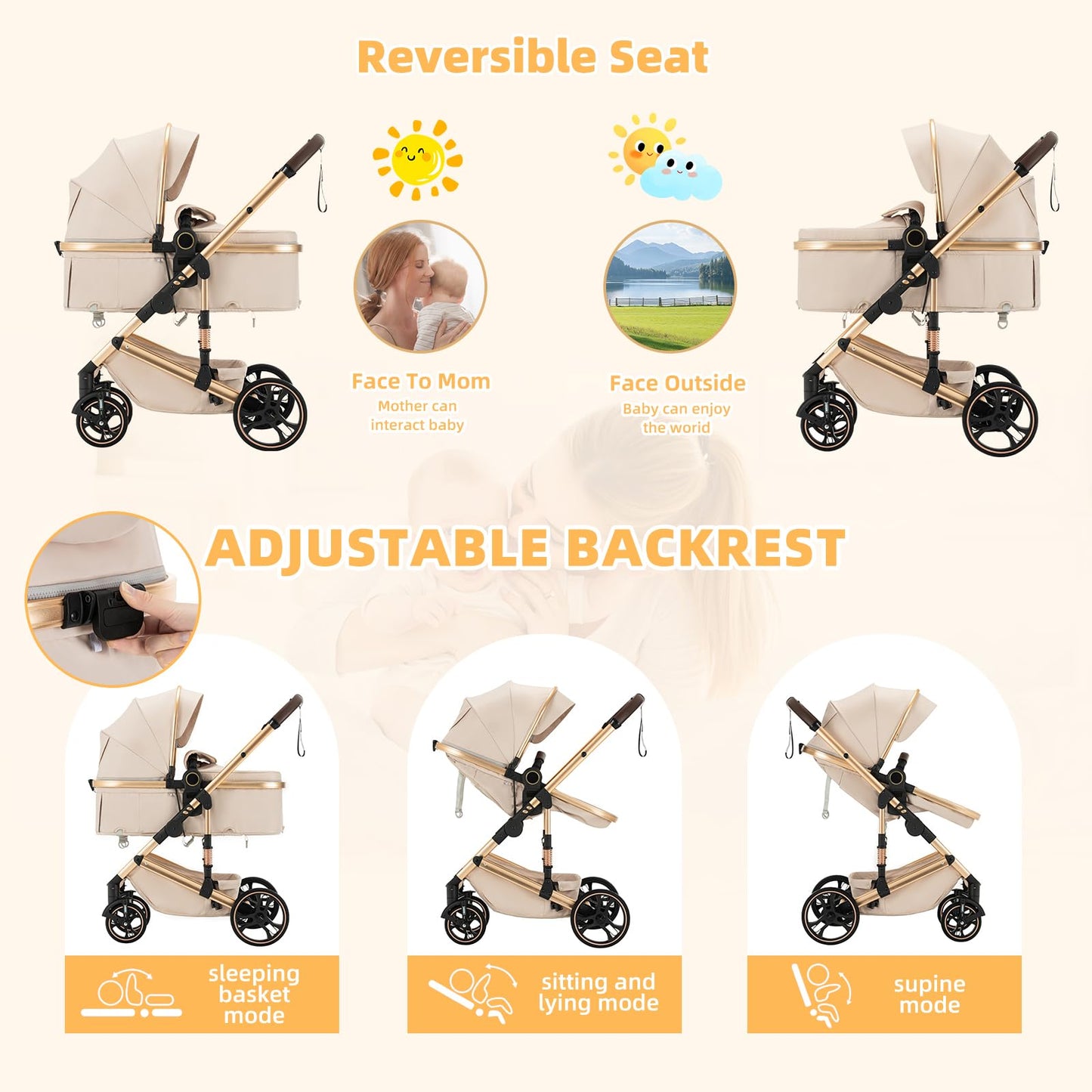 BEBBY Stroller 3-in-1 Baby 3 in 1 with Seat with Foldable Aluminium Frame, Compact Stroller with Adjustable Armrests, Combined Strollers,High Landscape Travel Pushchair (gen-H9-PINK, H9)