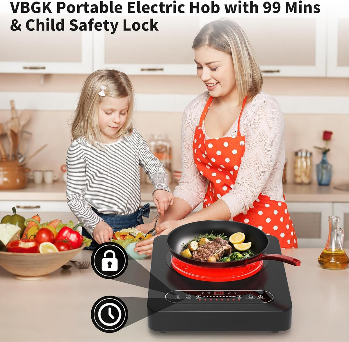 VBGK Portable Ceramic Hob, 2000W Portable Electric Hob, Electric Ceramic Hob, Single Cooking Zone with LED Display, 4-Hours Timer, Safety Lock, Residual Heat Indicator