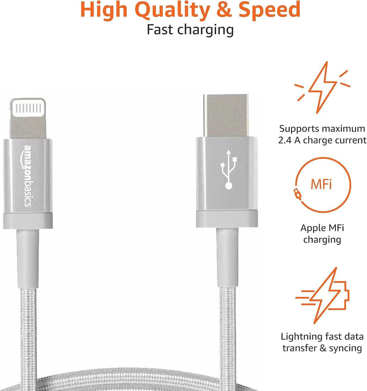 Amazon Basics USB-A to Lightning Charger Cable, Nylon Braided Cord, MFi Certified for Apple iPhone 14 13 12 11 X Xs Pro, Pro Max, Plus, iPad, 0.9 m, Silver