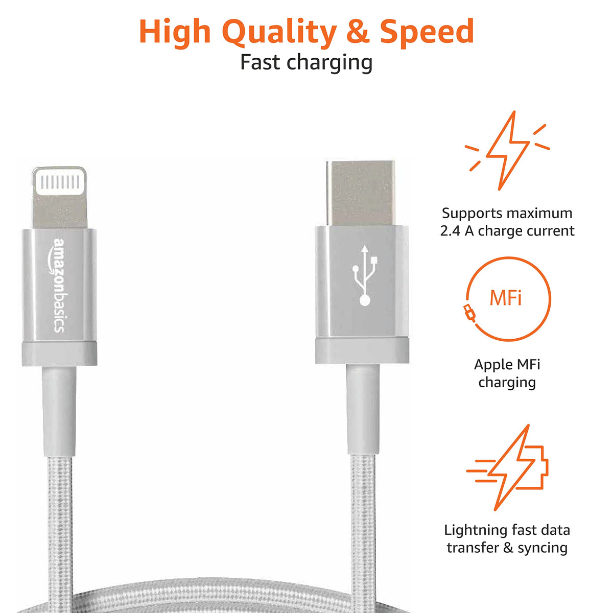 Amazon Basics USB-A to Lightning Charger Cable, Nylon Braided Cord, MFi Certified for Apple iPhone 14 13 12 11 X Xs Pro, Pro Max, Plus, iPad, 0.9 m, Silver