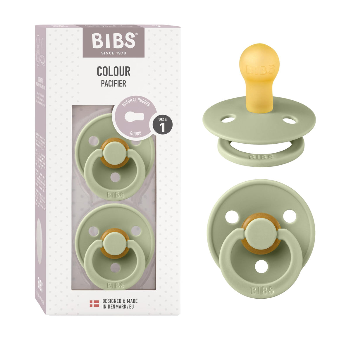 BIBS Colour Soother 2-Pack, BPA Free Dummy Pacifier, Round Nipple. Natural Rubber Latex, Made in Denmark, Size 2 (6-18 Months), Baby Blue