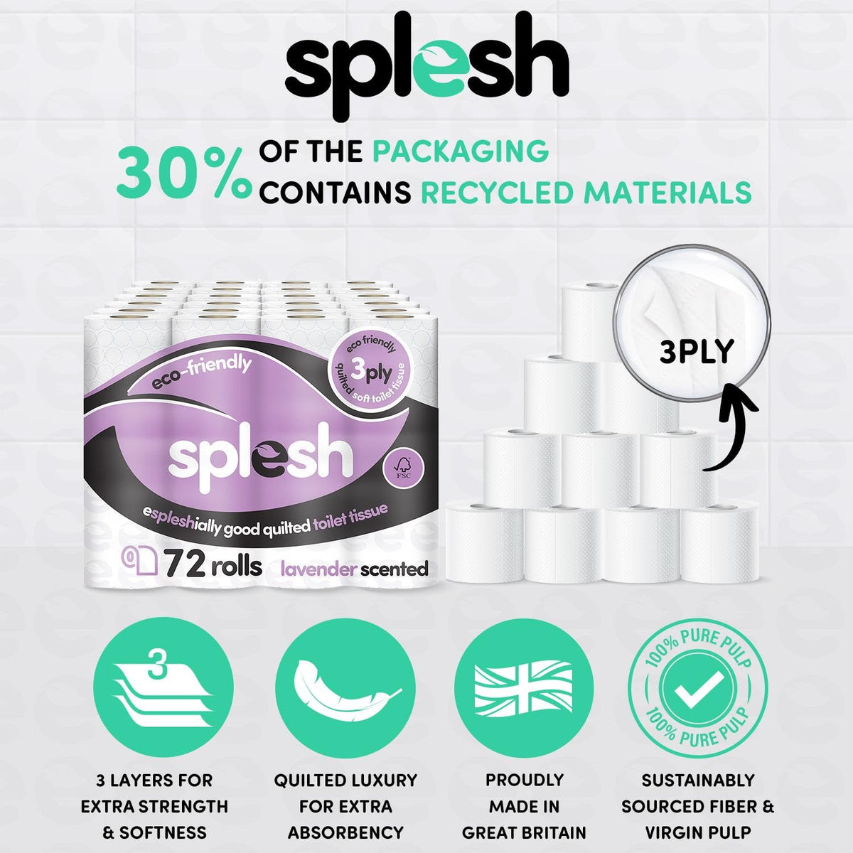 Splesh by Cusheen Toilet Roll 72 Rolls - Aloe Vera Scent Bulk Family Pack | Soft 3 Ply Quilted Bathroom Tissue Loo Rolls | Eco-Friendly, Sustainable Toilet Paper