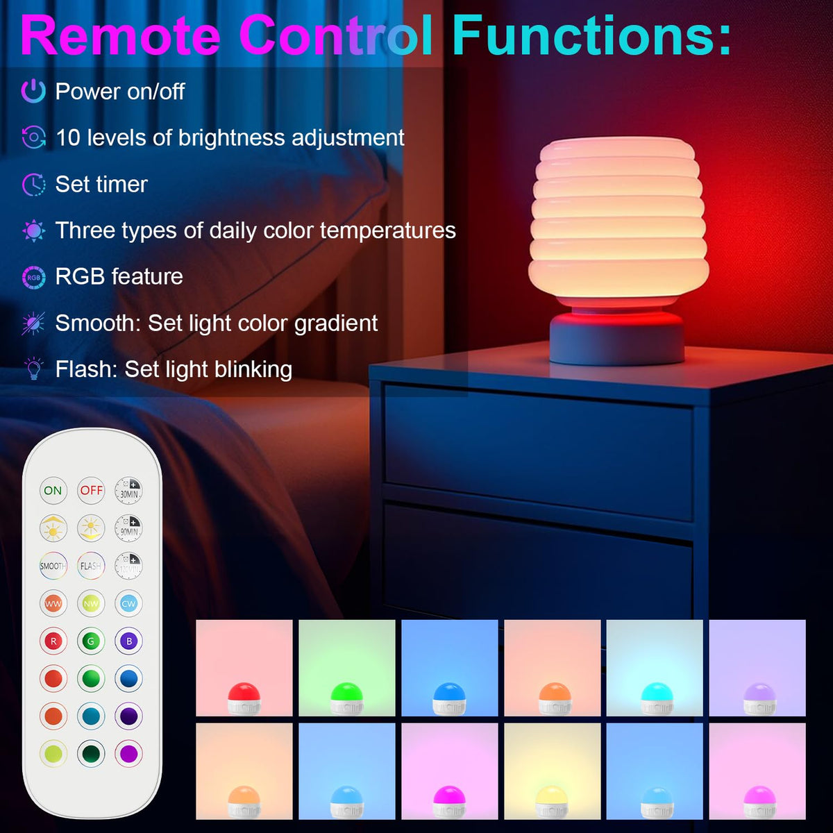 LGMCF E14 Rechargeable Light Bulb, 8W, 3 Colors, Timer, Dimmable, 2 Pack