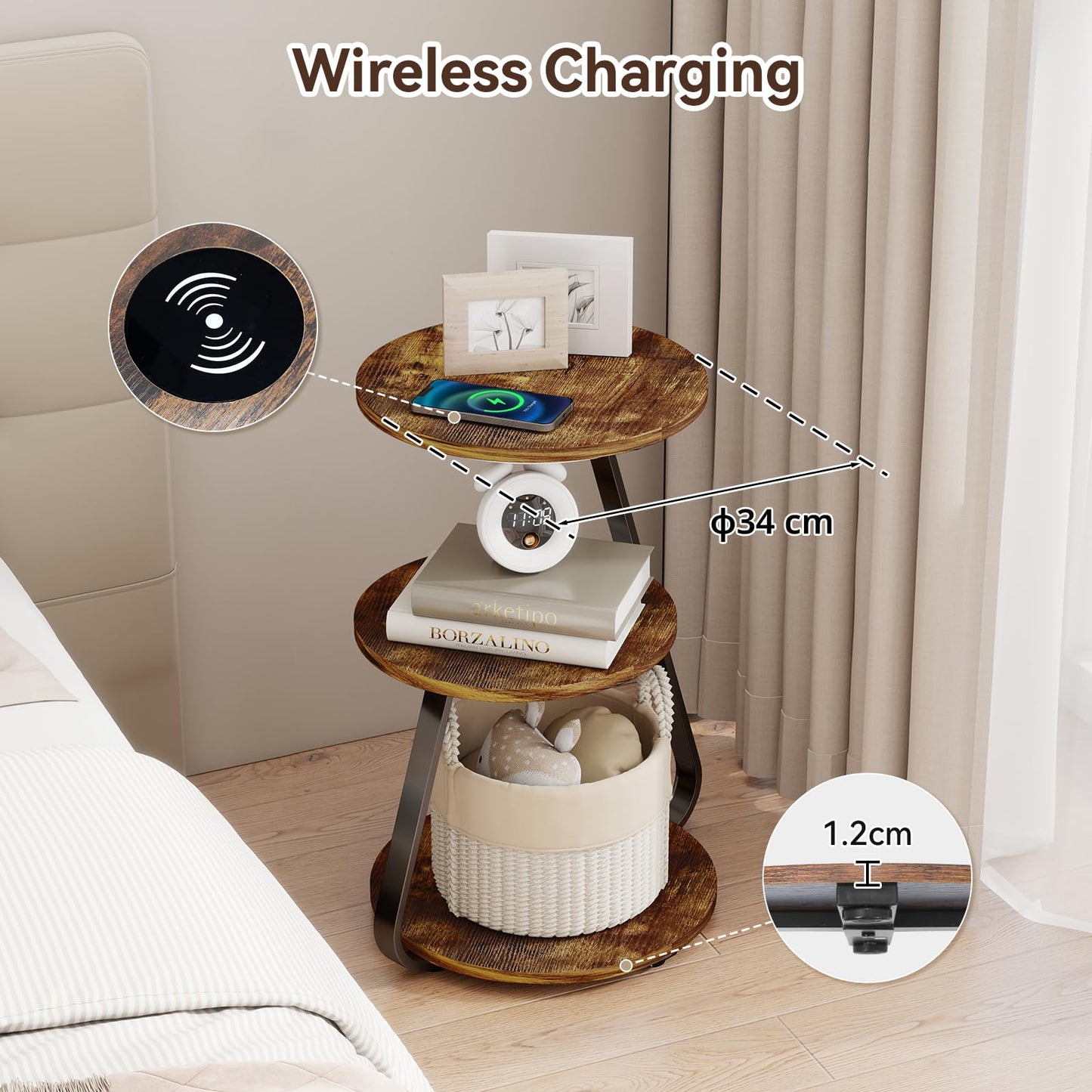 ARTETHYS Side Table, Small Round Coffee Table with 3 Color LED Lights, End Table with 3 Tier Storage Shelves, Bedside Sofa Side Tables for Living Room Bedroom, Rustic Brown