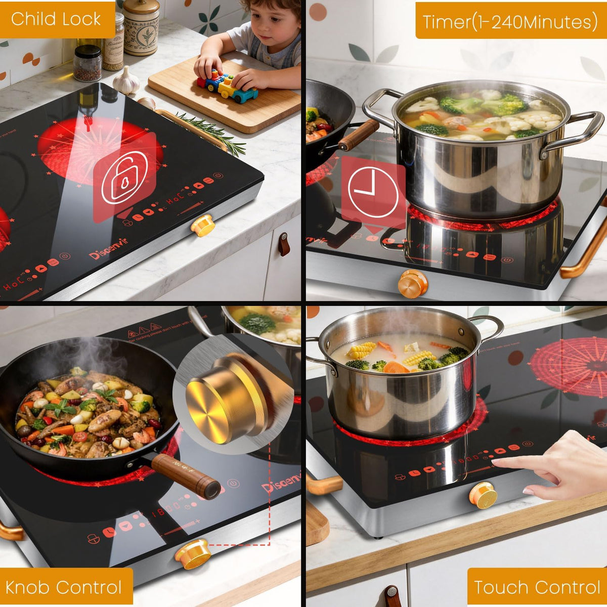 Double Ceramic Hob with Handle, Plug in 2 Ring Electric Hob