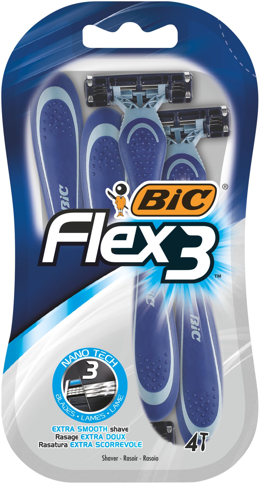 Bic Flex3 Disposable Razor, Black, 3 Blades, Pivoting Head, 4 count (Men's)