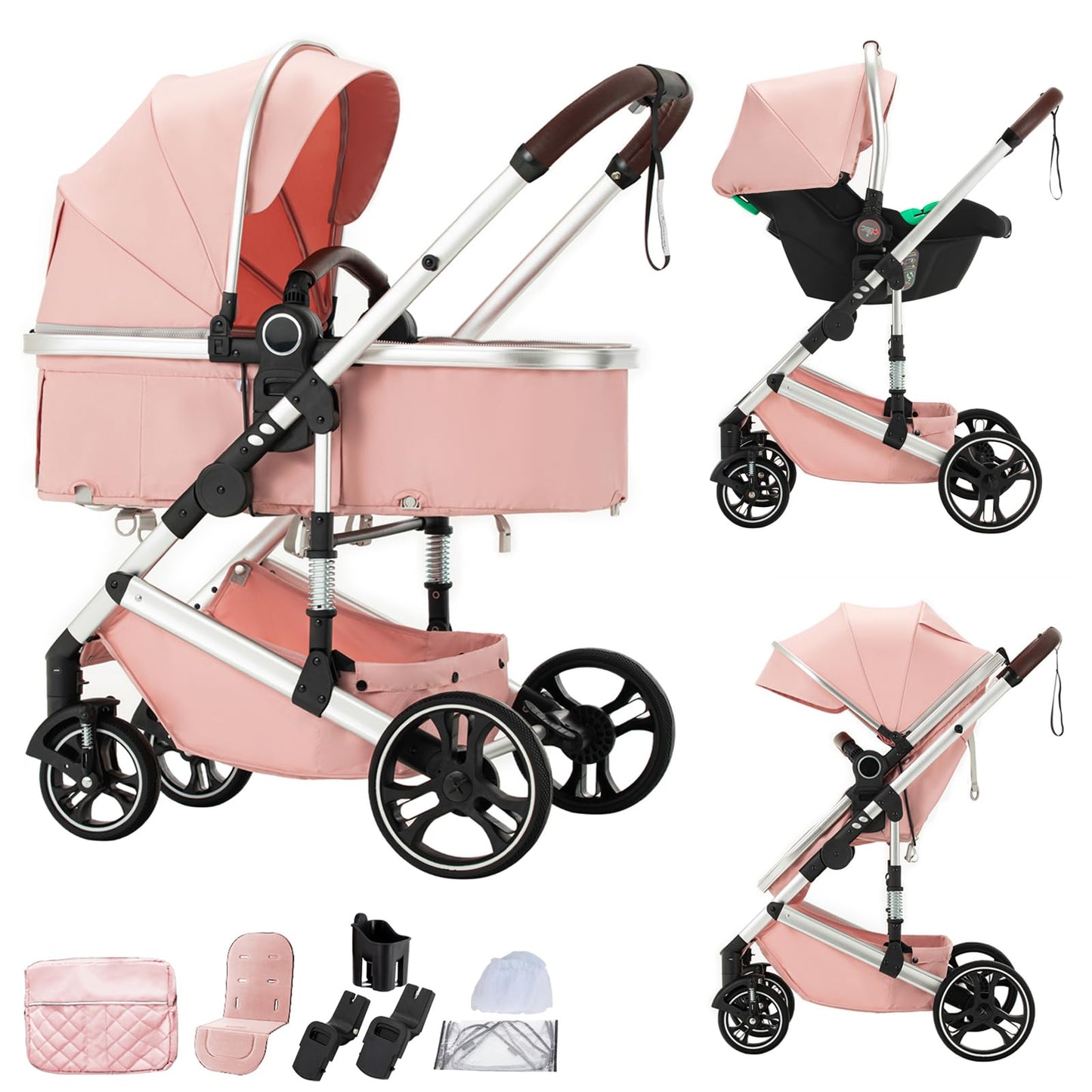 BEBBY Stroller 3-in-1 Baby 3 in 1 with Seat with Foldable Aluminium Frame, Compact Stroller with Adjustable Armrests, Combined Strollers,High Landscape Travel Pushchair (gen-H9-PINK, H9)