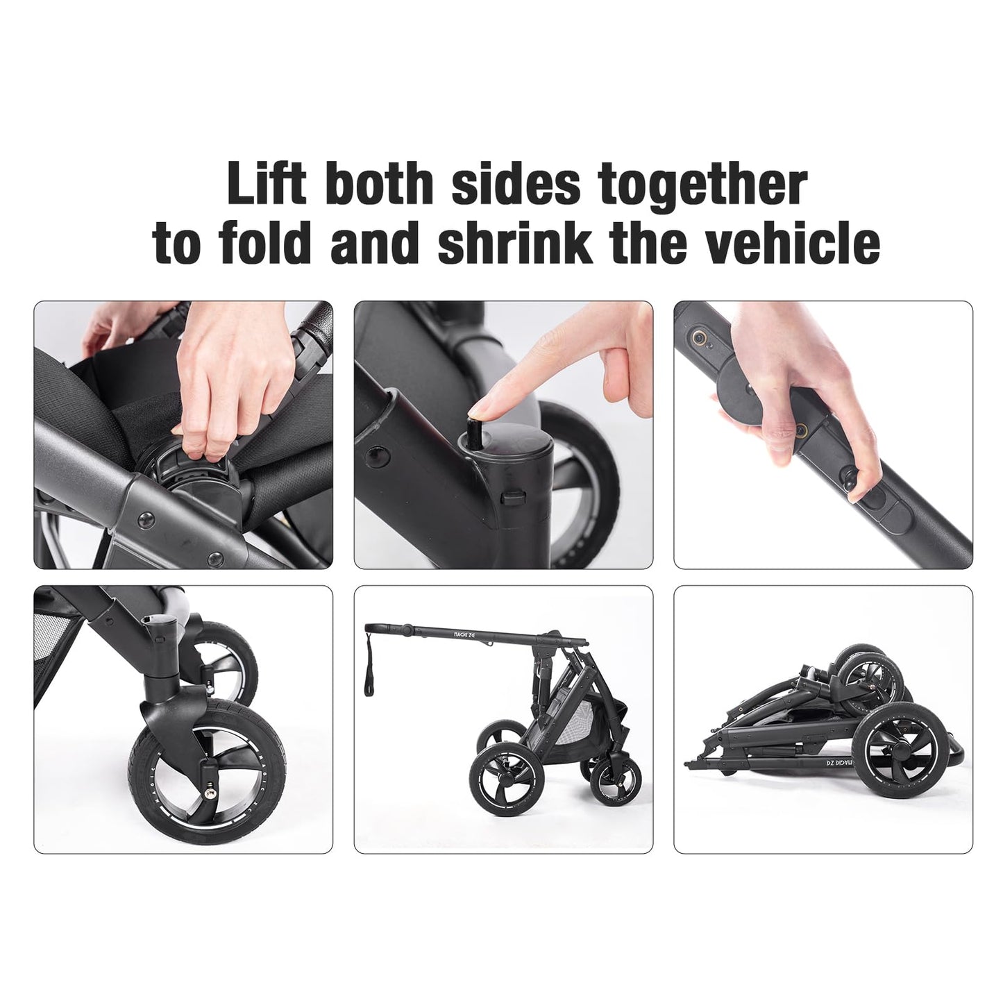 PU Leather 3 in 1 Pushchair Travel System, Toddler Stroller, Baby Pram 3 in 1, Infant Carriage with One-Click Folding, Newborn Buggy with Aluminum Frame (V6 Black)